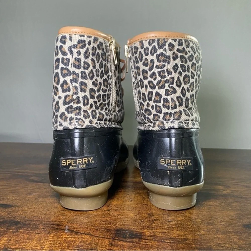 Sperry Womens Saltwater Animal Leopard Print Duck Boots Sz 4‎ Water Resistant